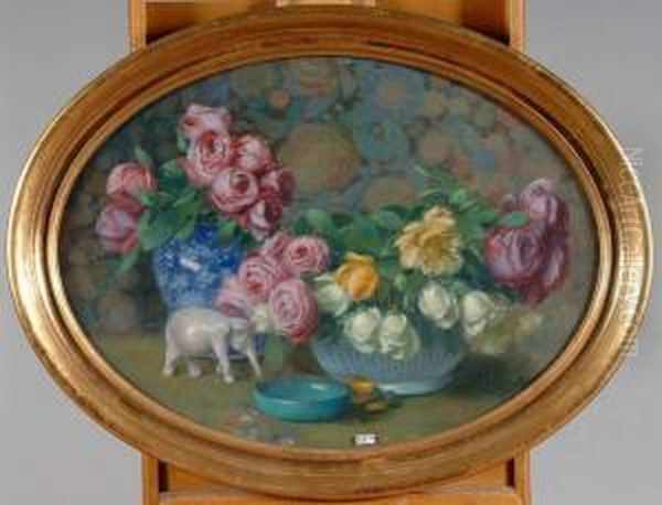 Nature Morte Aux Roses Oil Painting by Gustave Max Stevens