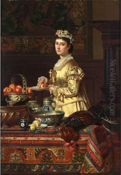 An Interior With An Elegant Lady Standing By A Kitchen Still Life Oil Painting by J.D. Stevens