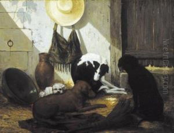 Scene Avec Quatre Chiens Oil Painting by Joseph Edouard Stevens