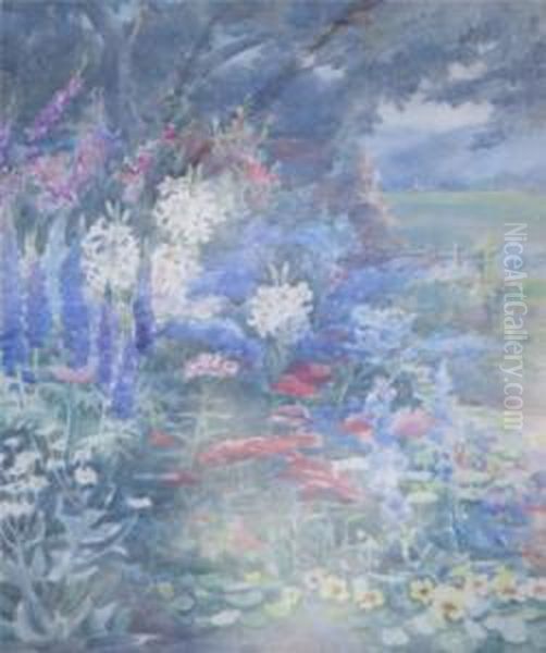 Flowers With Hills Beyond Oil Painting by Mary Stevens