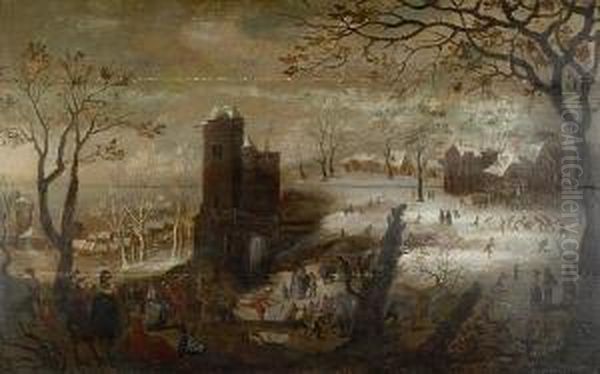 A Winter Scene With Skaters On A Frozen Canal Oil Painting by Pieter Ii Stevens