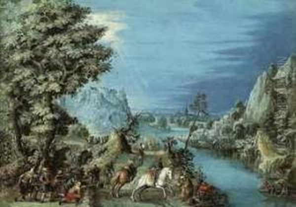 A River Landscape With Travellers Ambushed By Bandits Oil Painting by Pieter Ii Stevens