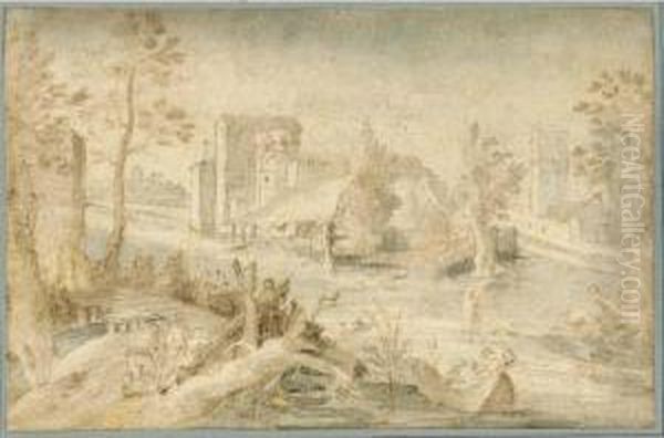 A River Landscape With A Town In The Distance, Hunters In A Boat And Other Figures In The Foreground Oil Painting by Pieter Ii Stevens