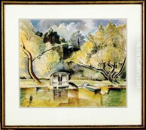 Boats On Shore-golden Trees, Louisiana Oil Painting by Will Henry Stevens