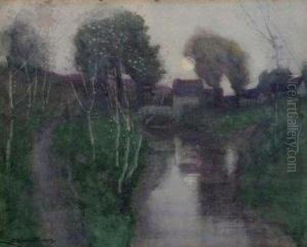 Moonlit Over A River With Buildings In The Distance Oil Painting by Robert Macaulay Stevenson