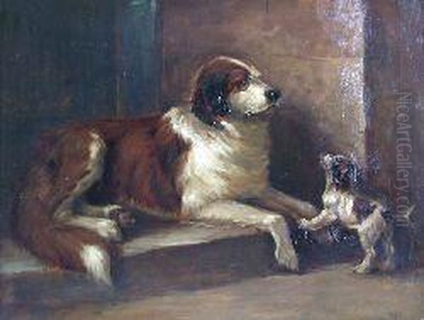 Horace, Study Ofa Spaniel And Puppy On A Doorstep Oil Painting by William Grant Stevenson