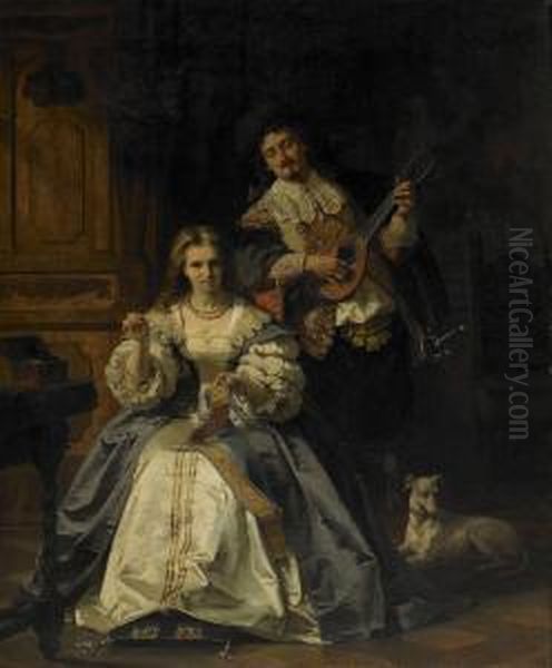 Interior Med Elegant Dam Och Musicerande Herre Oil Painting by Gustav Curt Stever