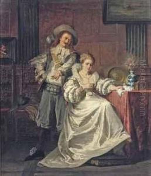 An Elegant Couple In An Interior Oil Painting by Gustav Curt Stever