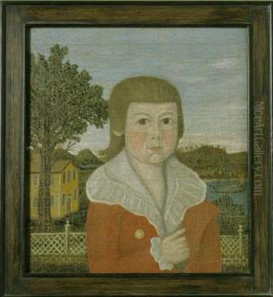 A Young Boy In A Red Jacket, Yellow House In Background: A Portrait Of Samuel Tracy Coit Oil Painting by Joseph Steward