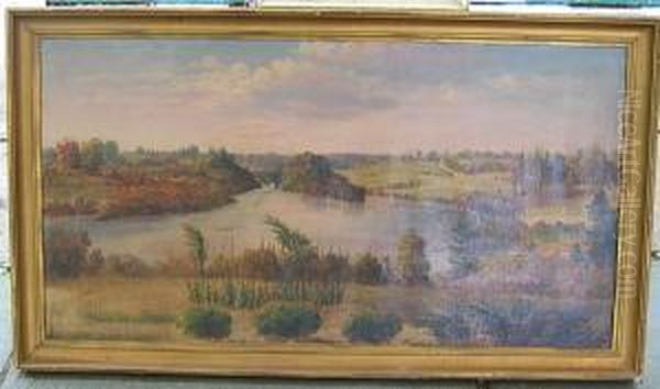 Landscape With Lake Andbridge In Distance Oil Painting by Seth Steward