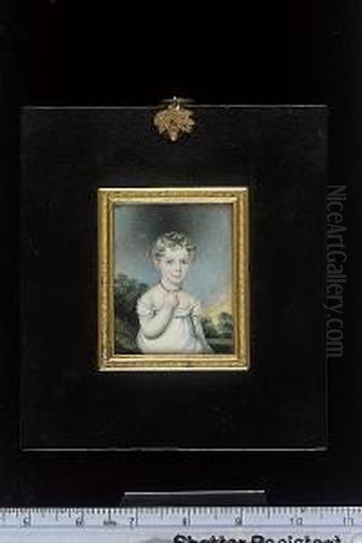 A Child, Said To Be The Baroness Emilia Kayne Von Gorgan Schillitz, Wearing Low-cut White Dress With Frilled Trim, Her Right Arm Raised, Holding Her Coral Necklace, Parkland Background Oil Painting by Anthony Stewart