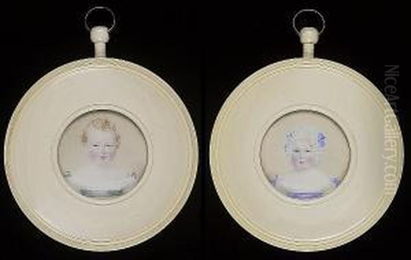 A Pair Of Portraits Of Children; One Wearing White Dress, Green Bows On The Sleeves And A Matching Waistband; The Other Wearing White Dress With Blue Bows On The Sleeves, Matching Waistband And Trimmed Lace Bonnet Oil Painting by Anthony Stewart