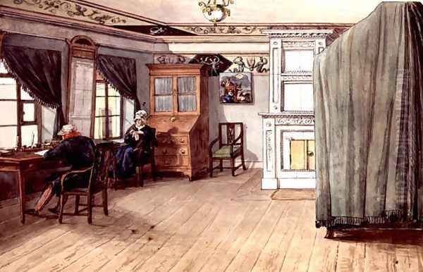 Neo-Classical Writing Room with an Elderly Couple, 1820 Oil Painting by Anonymous Artist