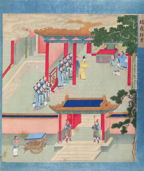 Emperor Ming Ti (r.57-75 AD) bestowing honours on two aged men, from a history of Chinese emperors Oil Painting by Anonymous Artist