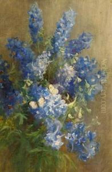 Butterflies On Delphiniums Oil Painting by J.A. Stewart