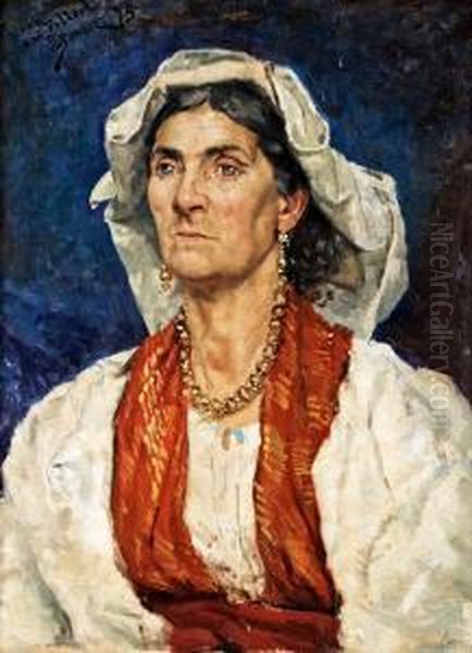 Woman With Red Scarf And White Headdress Oil Painting by J. Stewart