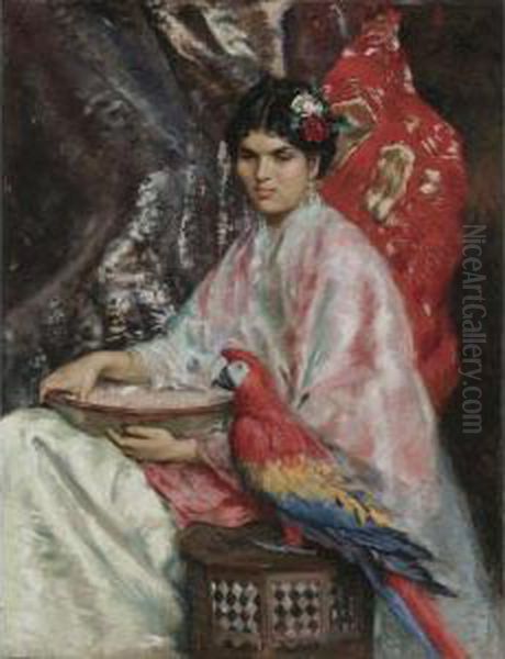 Lady With A Parrot Oil Painting by J. Stewart