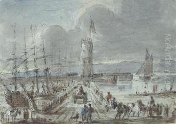 Soldiers And Horse-drawn Carts On The Pier At Whitehaven With Trading Brigs Moored Alongside Oil Painting by Sir James Stewart