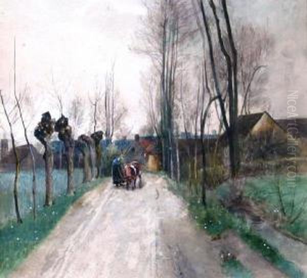 French Rural Scene With Woman And Cow On A Tree-lined Roadway With Dwellings In The Background Oil Painting by Emmie Stewart Wood