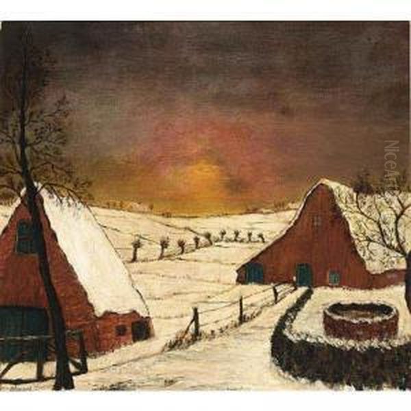 Farm Houses In A Winter Landscape Oil Painting by Francois Steyaert