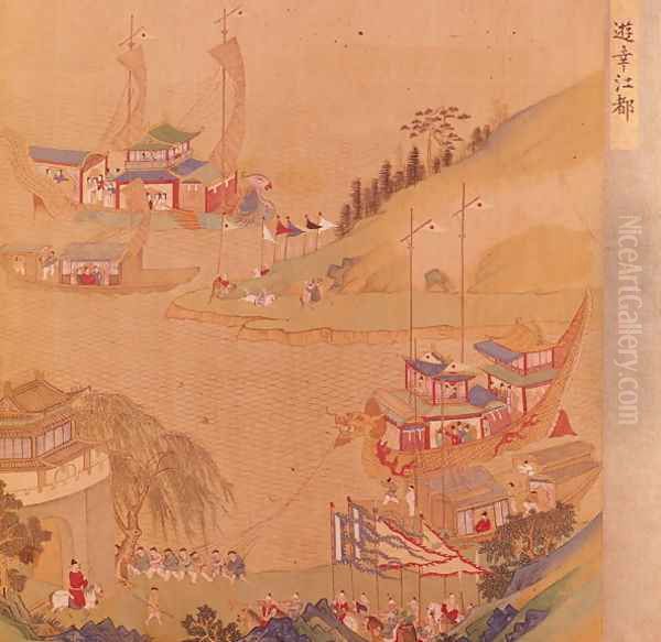 The Second Sui Emperor, Yangdi (569-618) with his fleet of sailing craft, from a history of Chinese emperors Oil Painting by Anonymous Artist