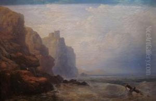 Fishing Below Tantallon Castle Oil Painting by George Blackie Sticks