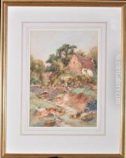 A Country Cottage By A Bridge Oil Painting by Harry James Sticks