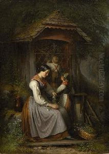 Mutter Mit Zwei Kindern Bei Der
 Waldkapelle. Oil Painting by Sebastian Stief