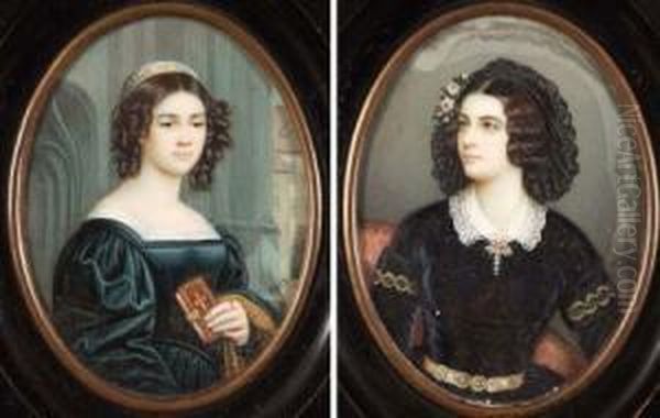 Indistinctly Signed, Inscribed Verso, Pair Of Oil Miniatures, Portraits Of Maria Grfin Van Landsfeld, And Anna Hillmayr, , 3 1/2 Oil Painting by Josef Karl Stieler