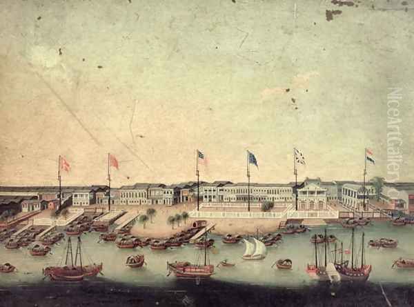 View of the Hongs at Canton with the Danish, Austrian, American, Swedish, British and Dutch factories Oil Painting by Anonymous Artist