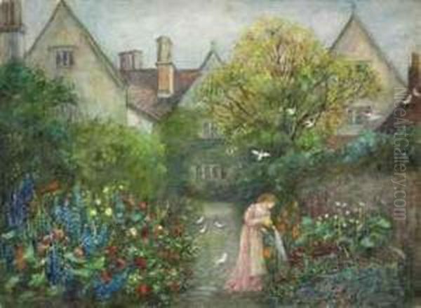 A Lady In The Garden At Kelmscott Manor, Gloucestershire Oil Painting by Maria Euphrosyne Spartali, later Stillman