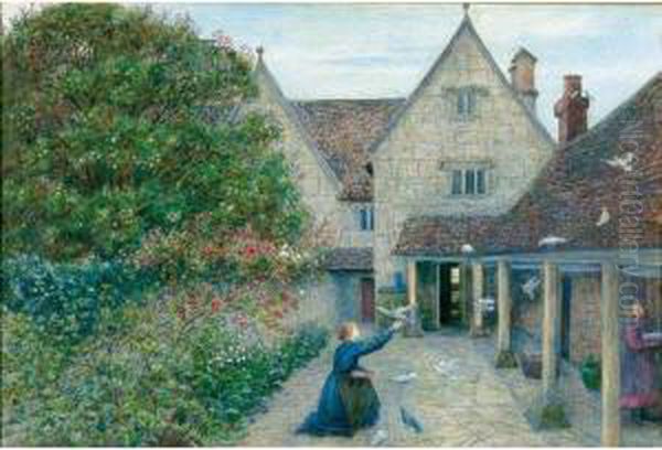 Feeding The Doves At Kelmscott Manor, Oxfordshire Oil Painting by Maria Euphrosyne Spartali, later Stillman