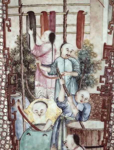 Detail from a vase depicting men dyeing silk Oil Painting by Anonymous Artist