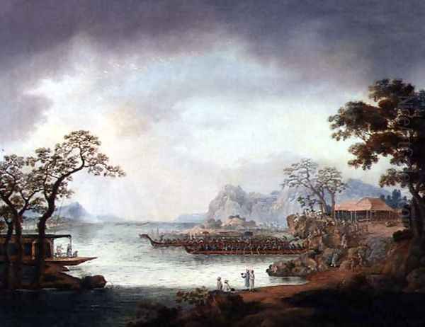 Chinese Ceremonial Barges Off a Rocky Coastline, c.1850 Oil Painting by Anonymous Artist