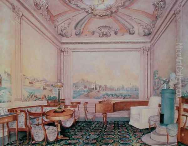 Interior of the reception room in a manor house, 1840-50s Oil Painting by Anonymous Artist