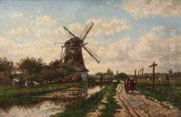 Kanaalgezicht Met Windmolen En Personage Oil Painting by Jan Baptiste, Jan Stobbaerts