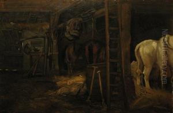 Paardenstal. Oil Painting by Jan Baptiste, Jan Stobbaerts