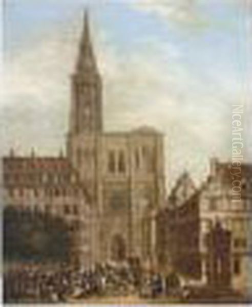 A Busy Market In Front Of A Cathedral, Strassbourg Oil Painting by Gustav Stobwasser