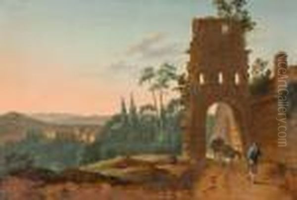 Italienische Landschaft Mit Ruinen Und Wanderer Oil Painting by Johann Heinrich Stobwasser