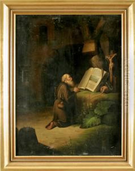 Betender, Knieender Monch Voraltem Stadttor Oil Painting by Johann Heinrich Stobwasser