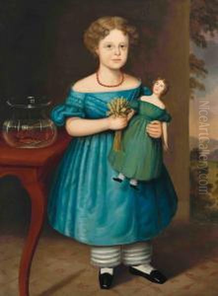 Portrait Of Amy Philpot In A Blue Dress With Doll And Goldfish by Joseph Whiting Stock