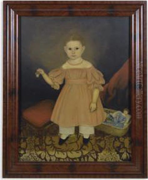 Portrait Of A Young Girl In Pink Dress With Doll's Basket Anddoll's Fruit Basket Oil Painting by Joseph Whiting Stock