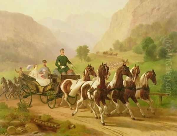 Emperor Franz Joseph I of Austria, being driven in his carriage with his wife Elizabeth of Bavaria in Bad Ischl, 1855 Oil Painting by Anonymous Artist