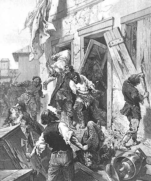 Attack on a Jewish house in Konnovino, near Nijni-Novgorod, 7th June 1884, in LIllustration, 2nd August 1884, from a sketch by Karazine, correspondent of LIllustration Oil Painting by Anonymous Artist