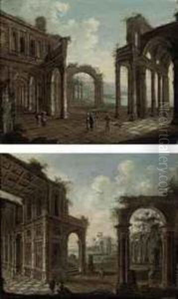 An Architectural Capriccio Of Classical Ruins With Travellers Oil Painting by Christian Stocklin