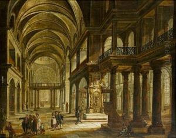 A Church Interior With Figures Praying Oil Painting by Christian Stocklin