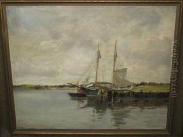 Sailboat Docked At Shore Oil Painting by Anton Stockmann