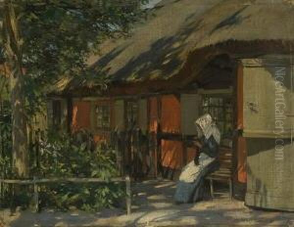 Strickende Frau Vor Der
 Bauernkate. Oil Painting by Hermann Stockmann