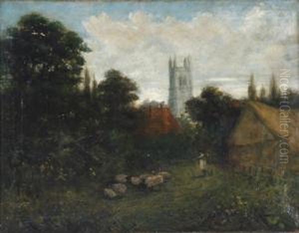 Landschaft Mit Schafer Und Kirche Im Hintergrund Oil Painting by Walter Fryer Stocks