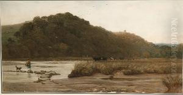 Country Landscape With Woman Crossing A Stream Oil Painting by Walter Fryer Stocks